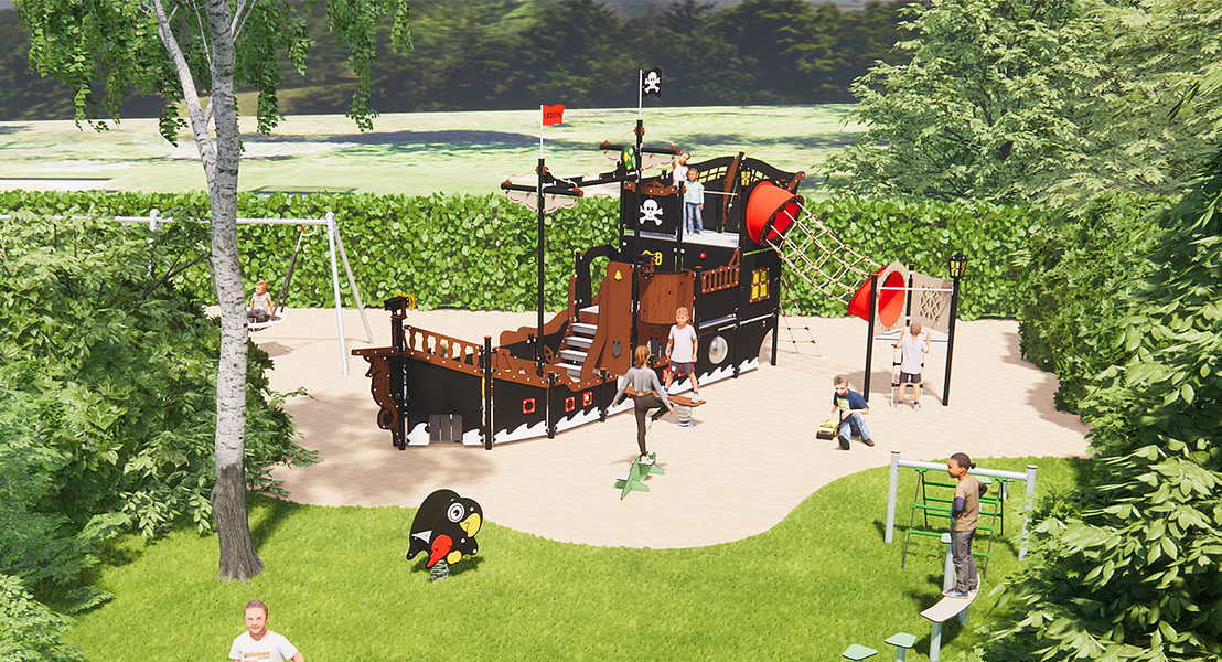 Få et gratis forslag til indretning af legeplads, som denne af en piratlegeplads.