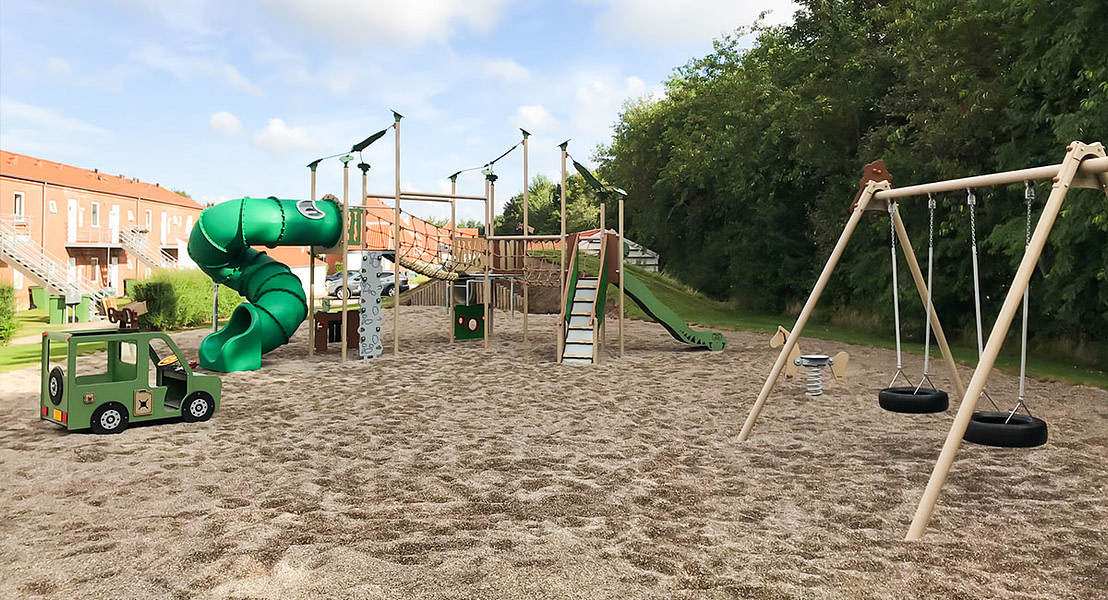 Legeplads til boligforening i vedligeholdelsefrie materialer.